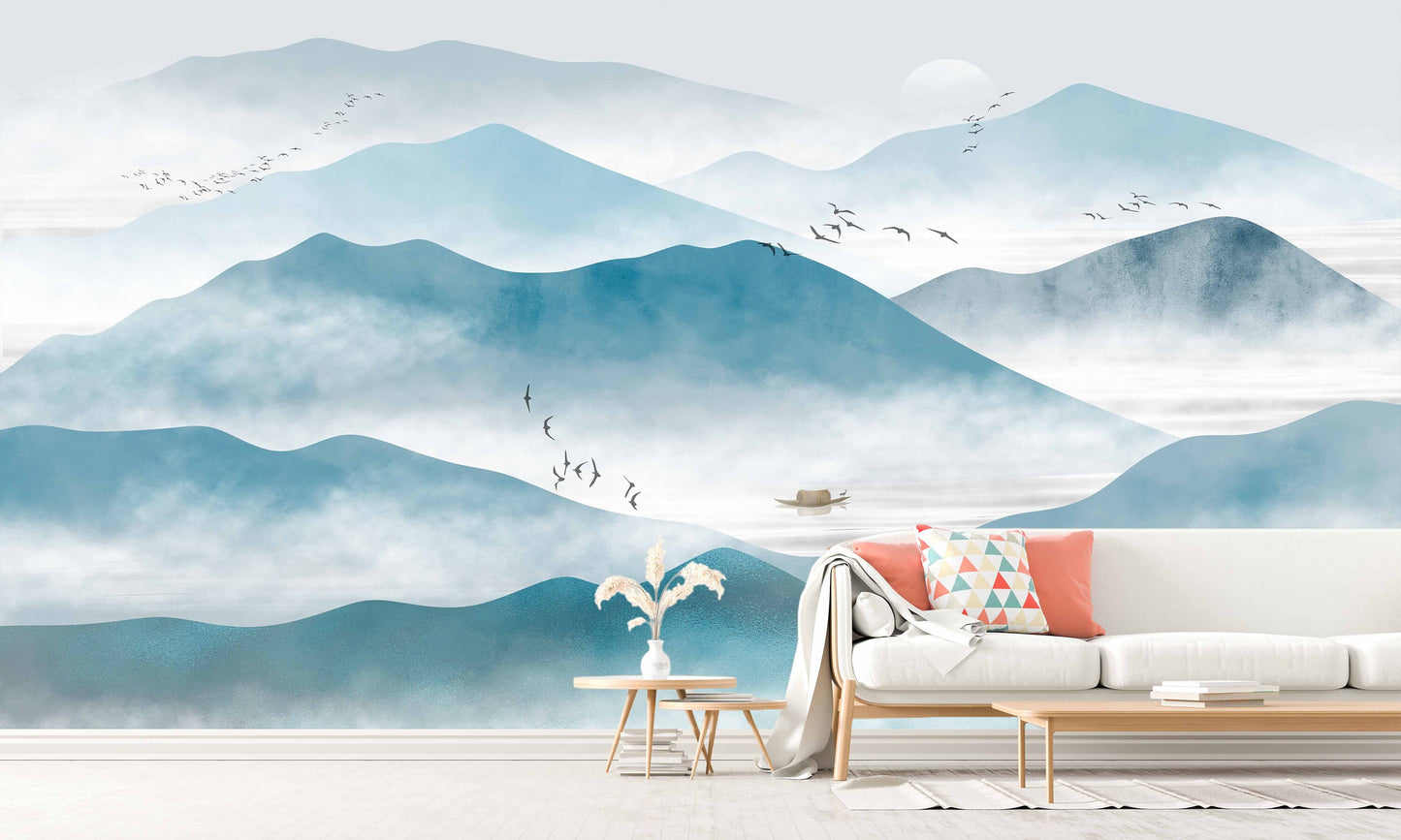 Smoky mountains self adhesive wall mural, peel and stick landscape wallpaper, temporary Japanese photo wallpaper, accentual blue wallpaper