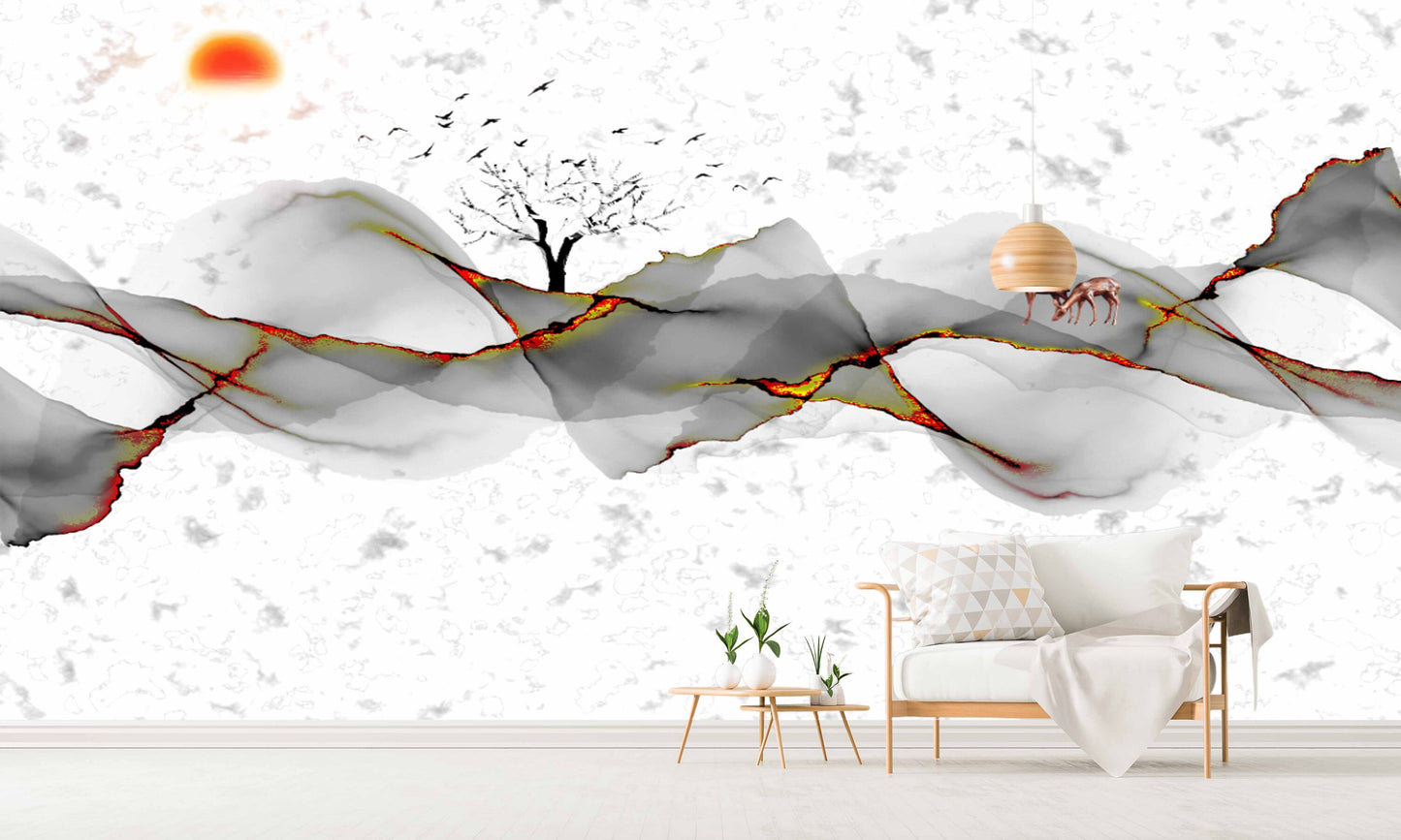 Extra large peel and stick abstract wave wall mural, self adhesive marble wallpaper, accentual nature wallcovering, white grey wallpaper