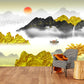 Large golden mountains self adhesive wallpaper, landscape peel stick wall mural, temporary canvas wallcovering, accentual bedroom wallpaper