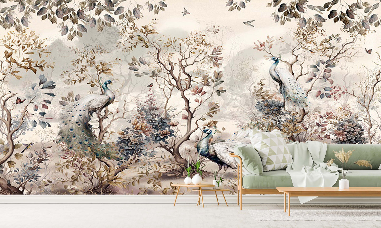 Botanical self adhesive wallpaper, peel and stick wall mural with peacocks, large accentual nature wallpaper, removable canvas wall mural