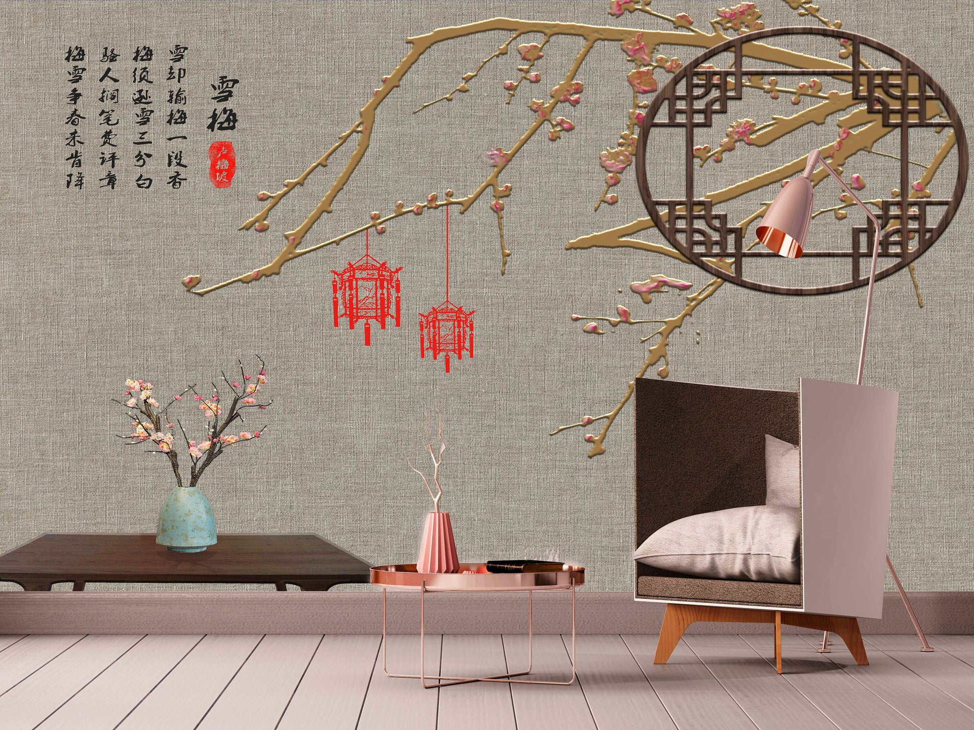 Extra large Japanese wallpaper, peel and stick Asian wall mural, self adhesive gray wallpaper with hieroglyphs, abstract oriental wall decal