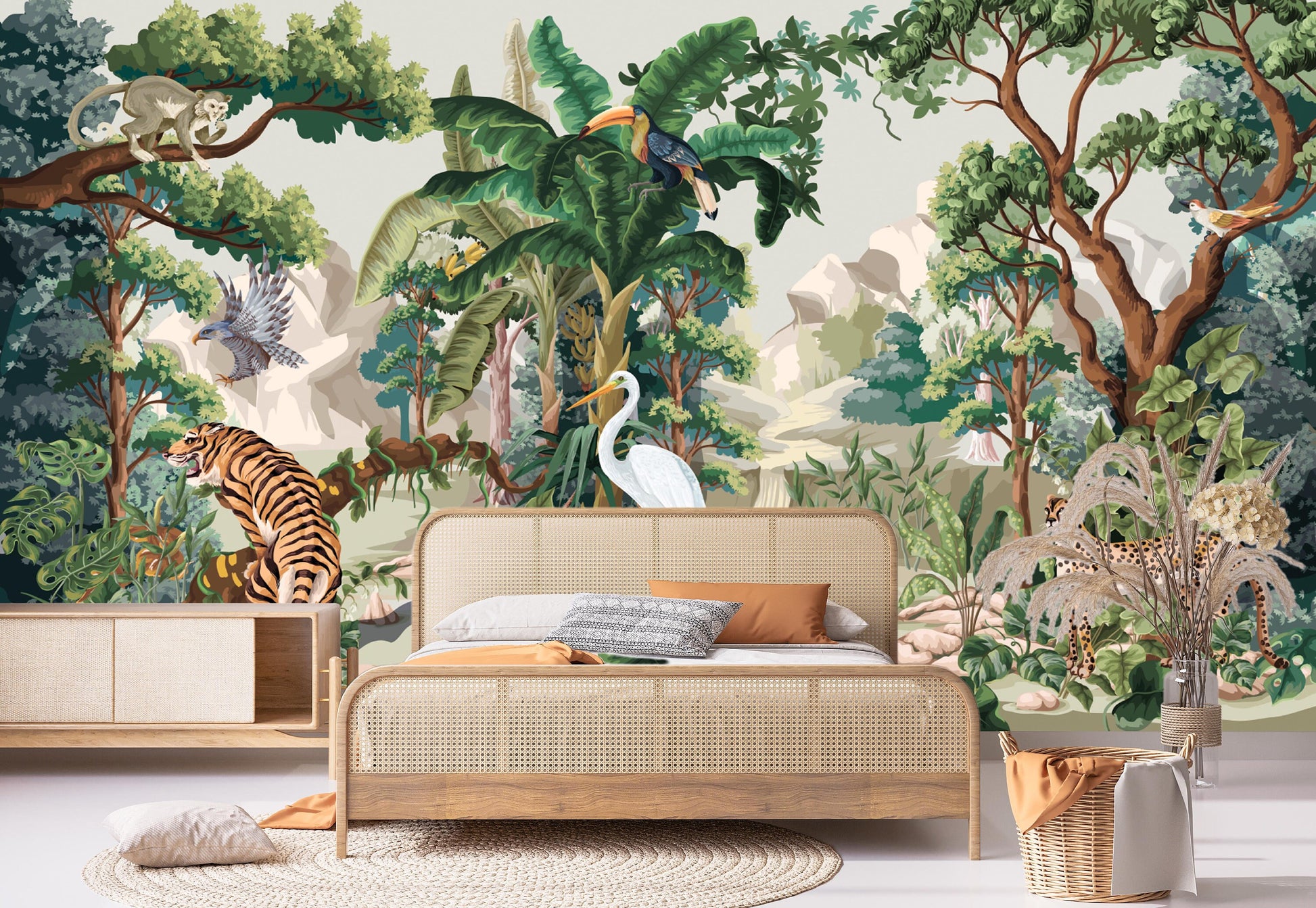 Tropical nursery wallpaper, peel and stick animals wall mural, extra large self adhesive botanical wallpaper, accentual nature wallcovering