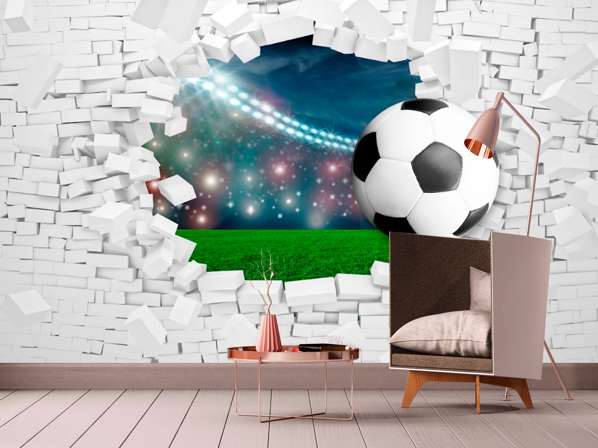 Sport peel stick wallpaper, extra large bricks wall mural, self adhesive 3d soccer ball wallpaper, acentual loft wallpaper, kids wallpaper