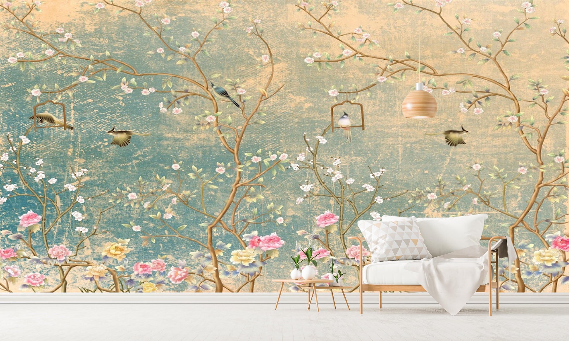 Extra large japanese wallpaper, peel and stick chinoiserie wall mural, self adhesive sakura blossom wallpaper, accentual botanical wallpaper