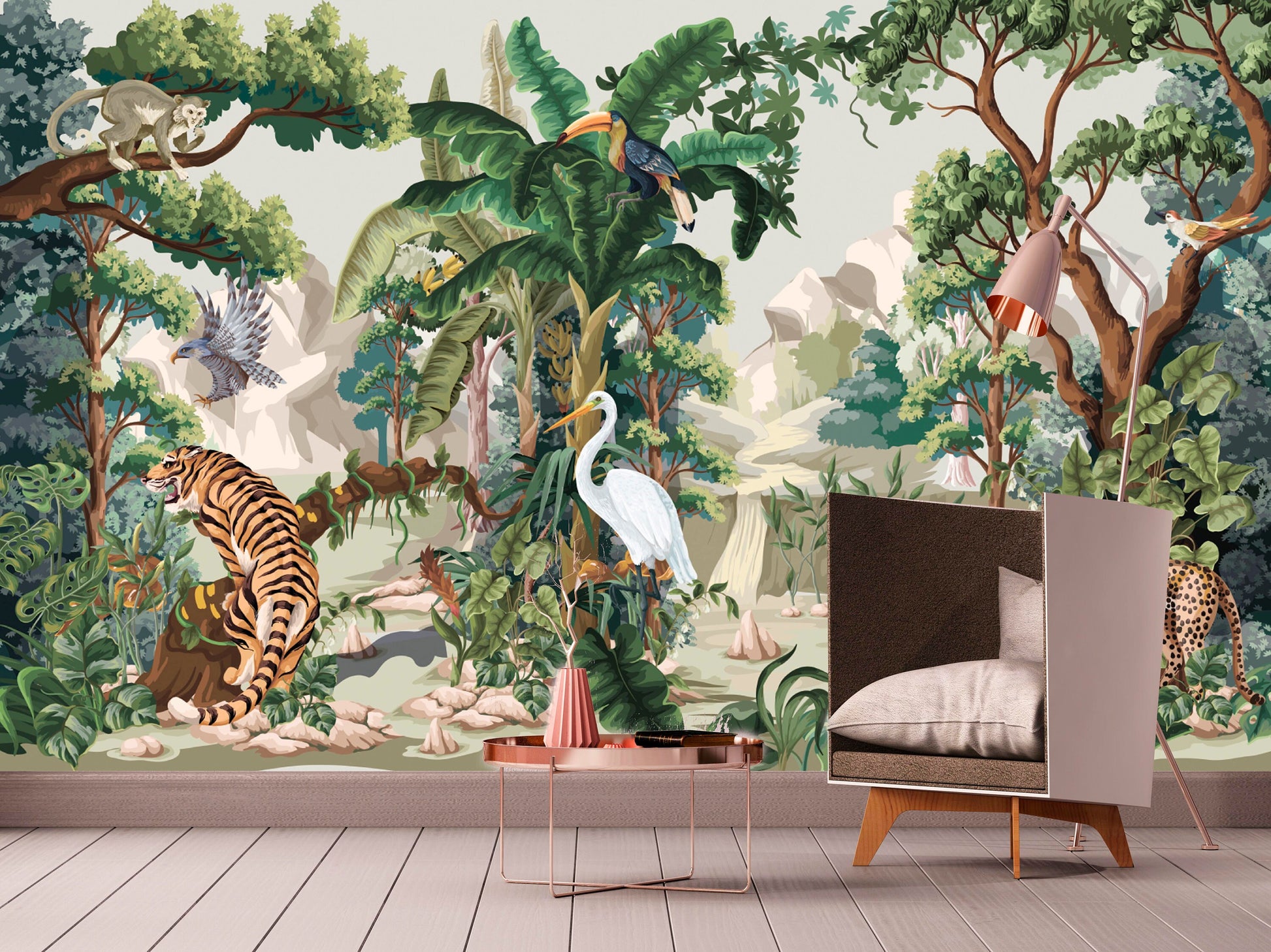 Tropical nursery wallpaper, peel and stick animals wall mural, extra large self adhesive botanical wallpaper, accentual nature wallcovering