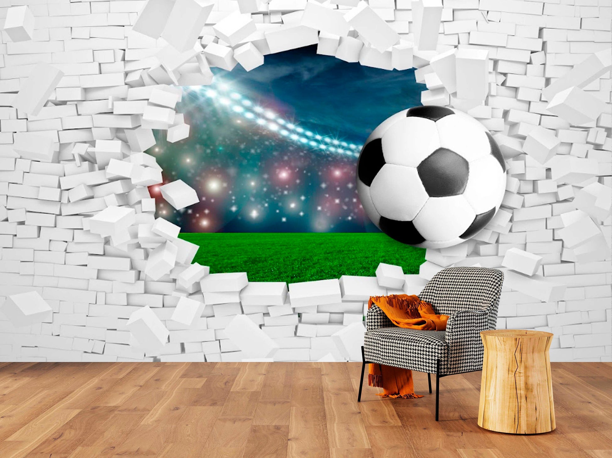 Sport peel stick wallpaper, extra large bricks wall mural, self adhesive 3d soccer ball wallpaper, acentual loft wallpaper, kids wallpaper