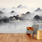 Smoky mountains self adhesive wallpaper, extra large landscape wall mural, astract peel and stick wallpaper, temporary white black mural