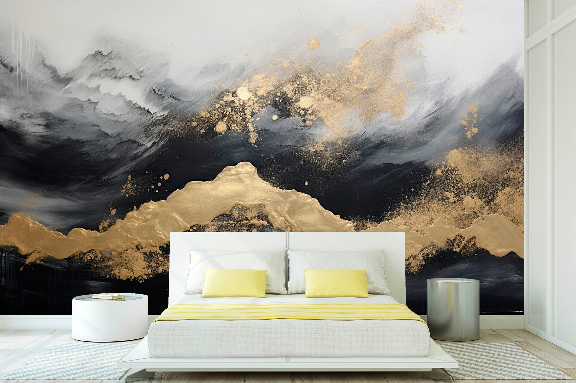 Abstract peel and stick wallpaper, black gold self adhesive wall mural, extra large accentual wallpaper, modern removable bedroom wall mural